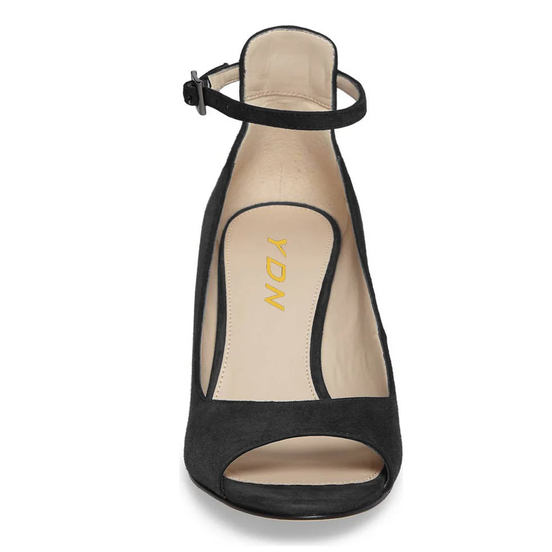 YDN Black Vegan Suede Peep Toe Kitten Heel Ankle Strap Pumps Shoes