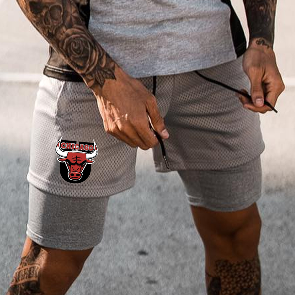 Men's Athletic Comfort Double Layer Bull Print Shorts