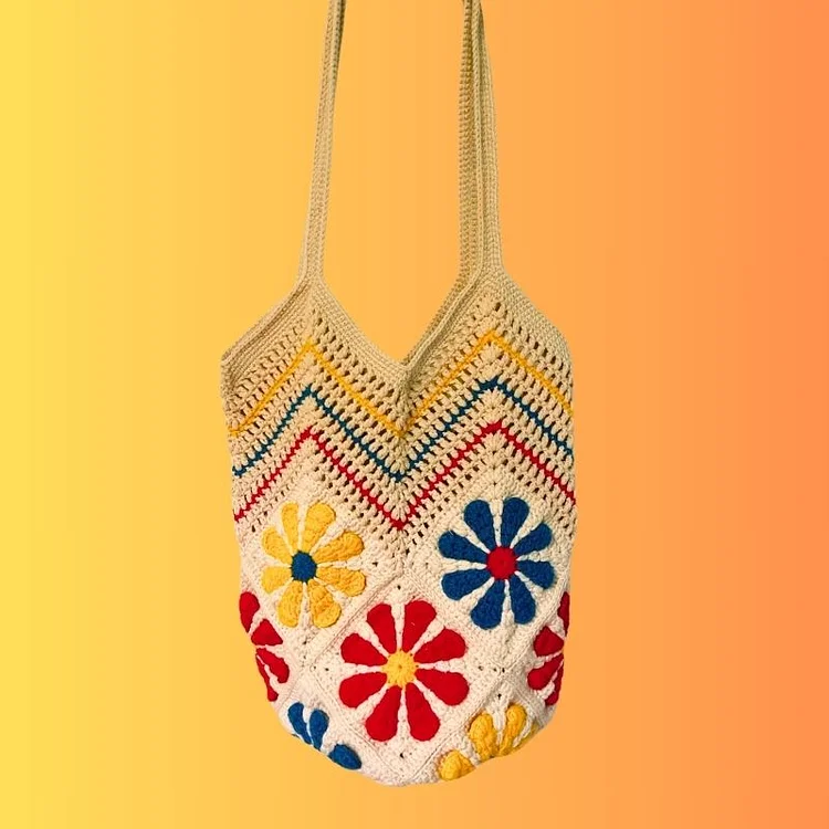 Lulusnow Handmade Beige Pretty Daisy Granny Square Beach Summer Bag Crochet Shoulder Bag Mother's Day Gifts