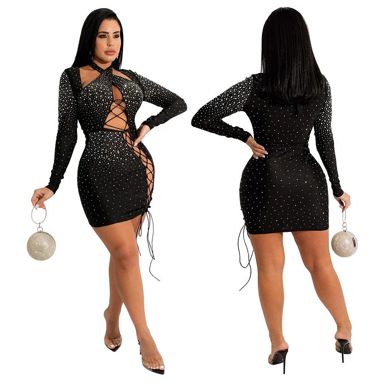 Promsstyle Promsstyle Cross halter neck lace up bodycon mini dress Prom Dress 2023