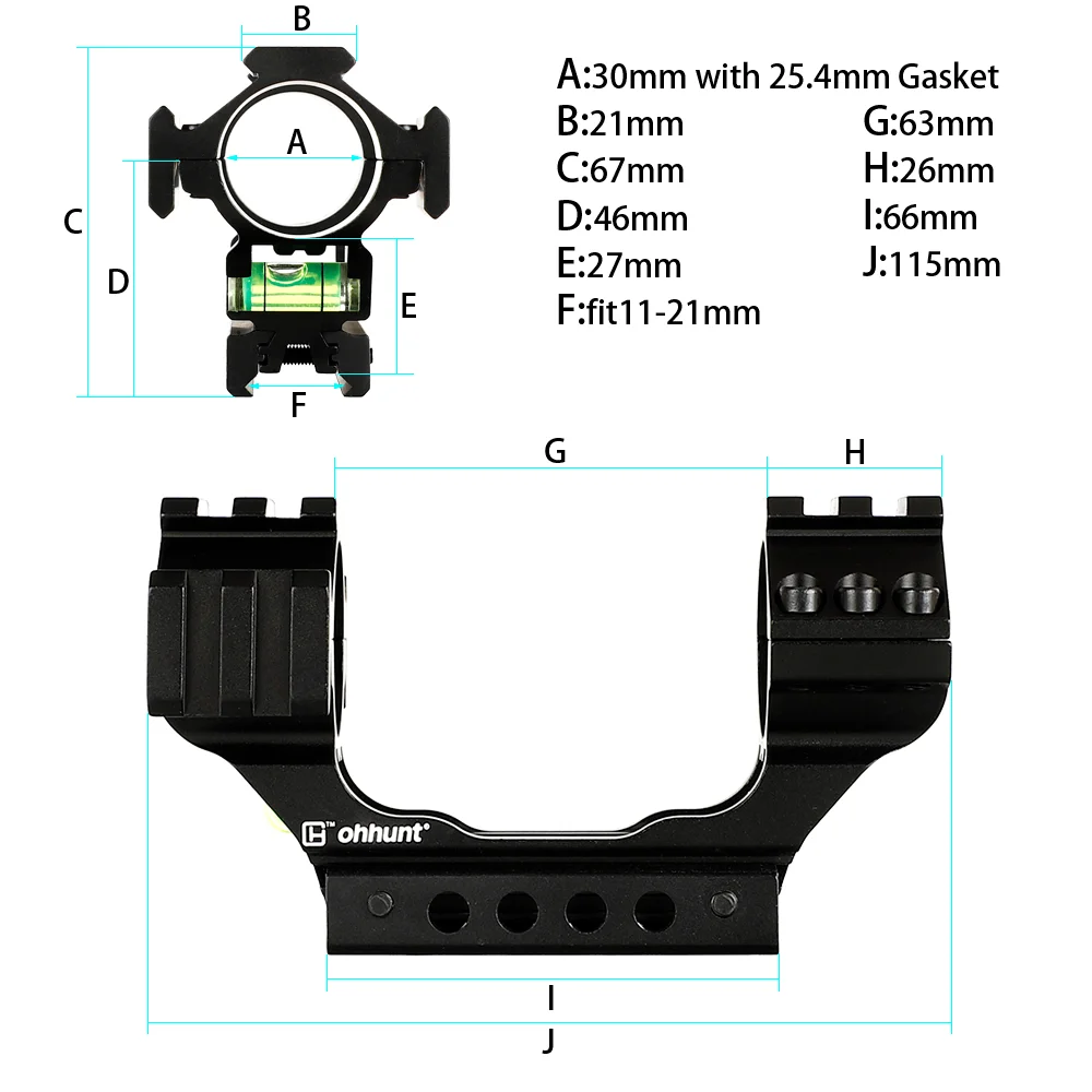ohhunt® 11mm 3/8" Dovetail & 20mm Picatinny Rifle Scope Rings One Piece Cantilever Mount 30mm 25.4mm Bubble Level