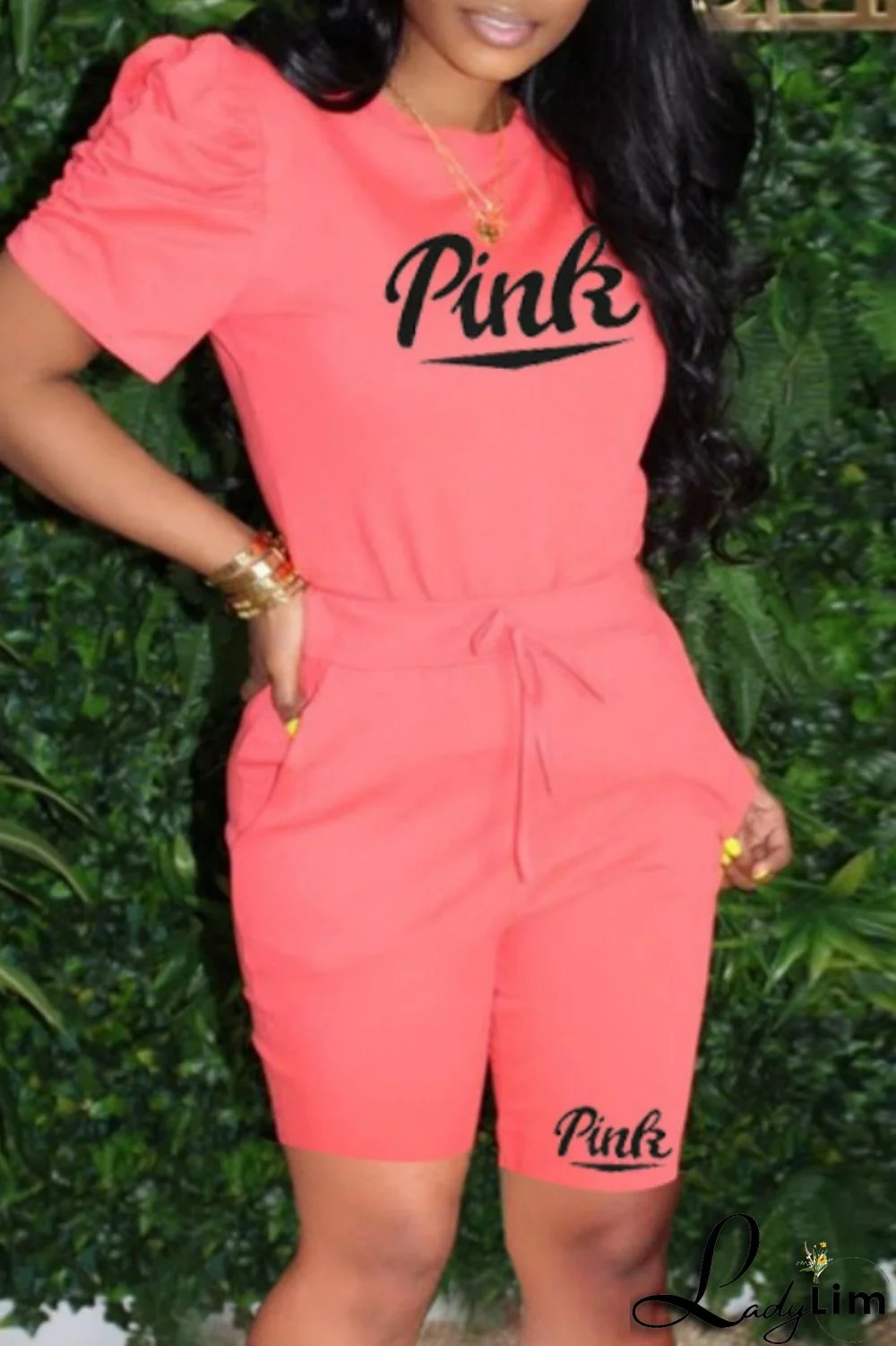 Grey Casual Letter Print Basic O Neck Short Sleeve Two Pieces