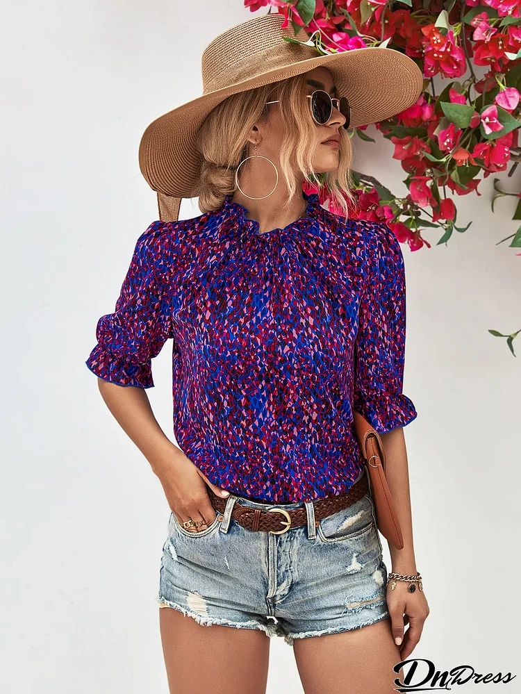 Printed Ruffle Collar Flounce Sleeve Blouse