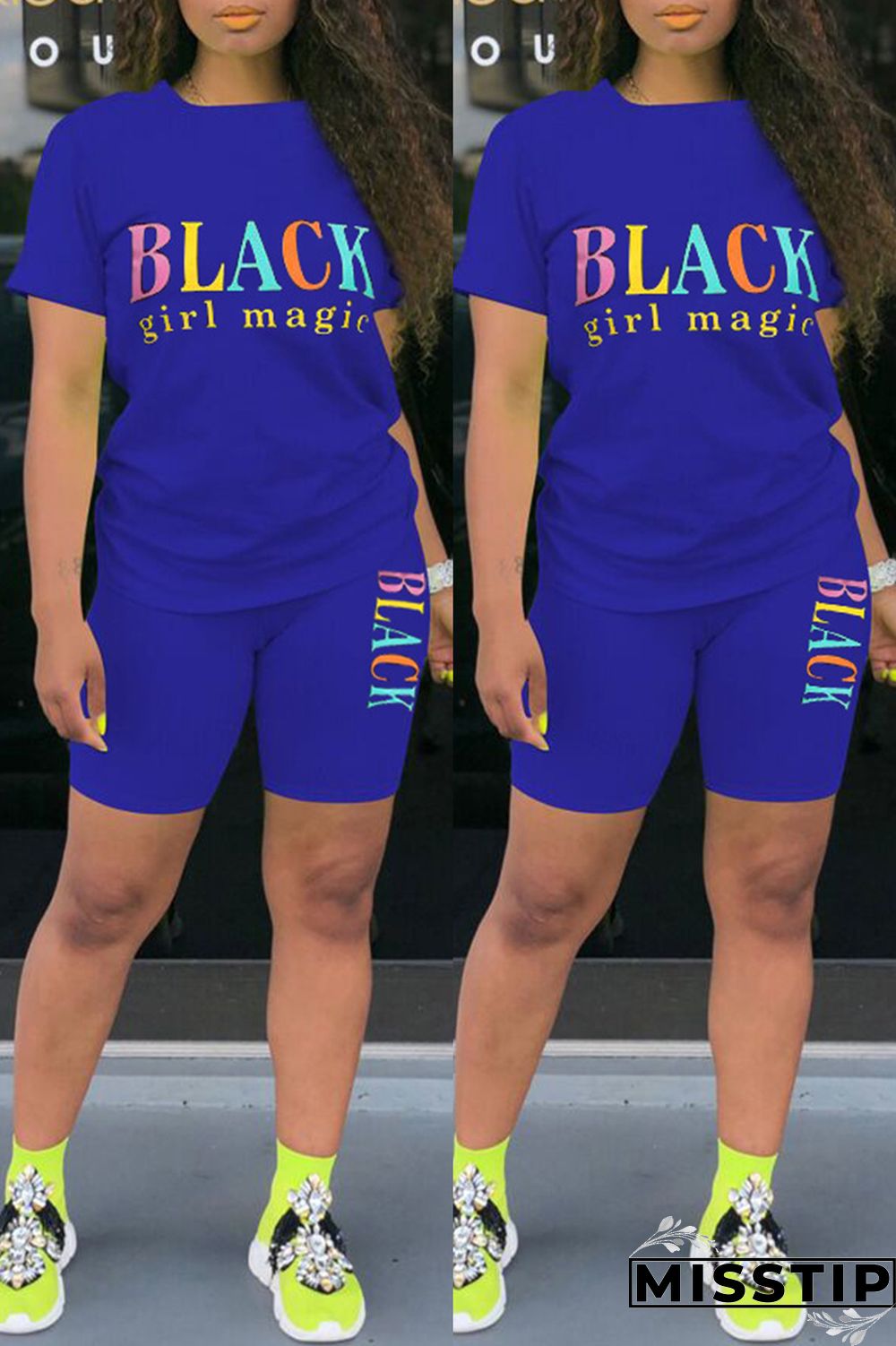 Blue Fashion Casual Letter Print Basic O Neck Short Sleeve Two Pieces