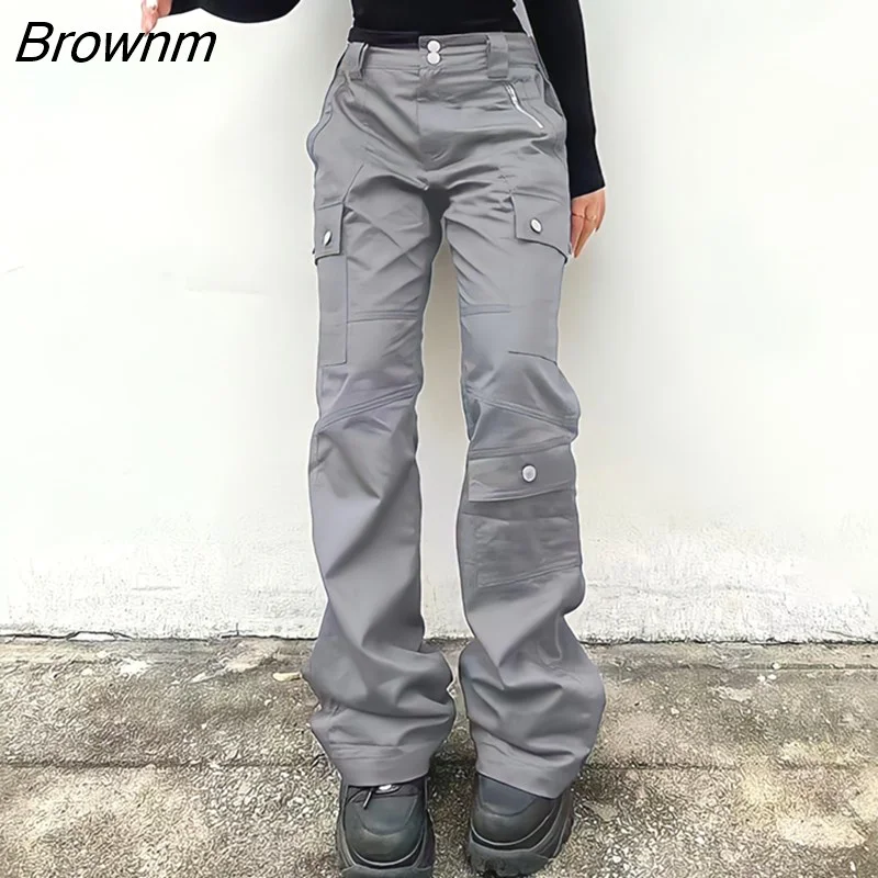 Brownm Cargo Pants Women Summer Punk Style Y2k Streetwear High Waist Pocket Zipper Vintage 90s Wide Leg Casual Baggy Jogger Pants