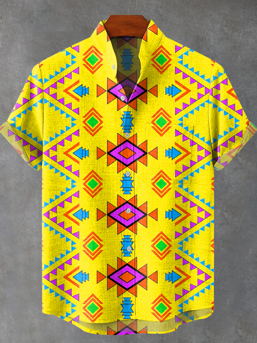 Vintage Abstract Colorful Rhombus Geometric Stripe Art Print Casual 100% Cotton Shirt