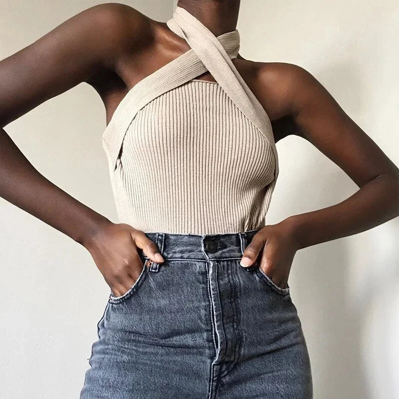 Oocharger Elegant Sleeveless Sexy Women Sweater Halter Off Shoulder Slim Knitted Tops Female Fashion Summer 2023 Clothes