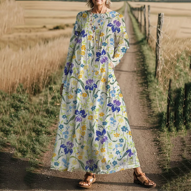 VChics Women's Floral Print Loose Cotton Linen Maxi Dress