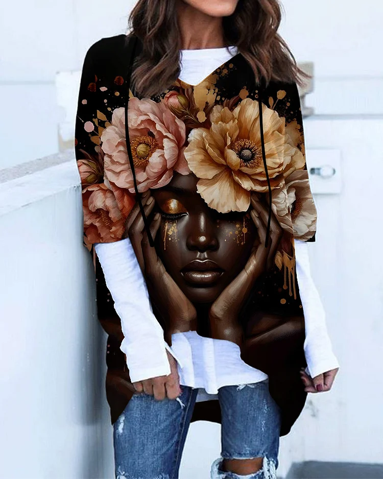 Flower Art Portrait Print Six-Quarter Sleeve Hooded Tee