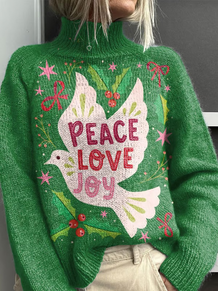 Comstylish Women's Christmas Joy To The World Love And Peace Knit Turtleneck Sweater
