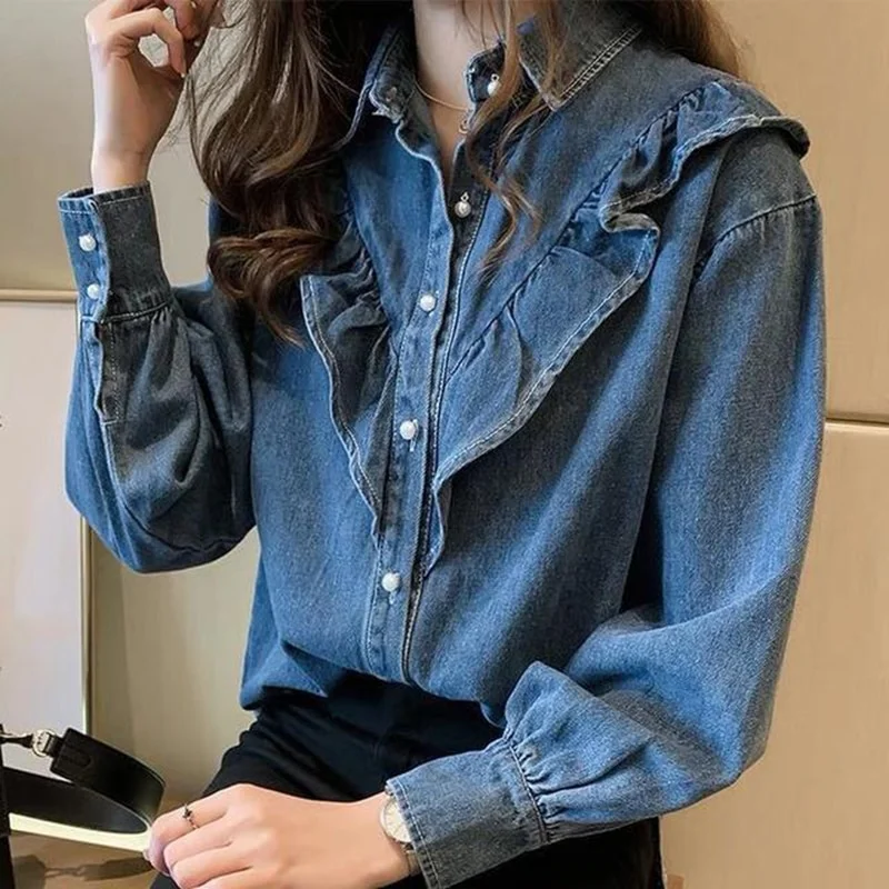 Woherb Fashion Ruffle Denim Blouse Women Elegant Lapel Design Oversize 4Xl Jean Shirt Spring Tops Single-Breasted Camisa Vaquera