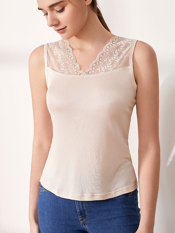 Silk Tank Knitted Lacey Neckline Style