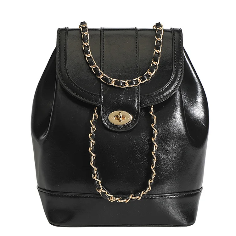 Women Fashion Chain Backpack Drawstring PU School Bags Large Capacity (Black)