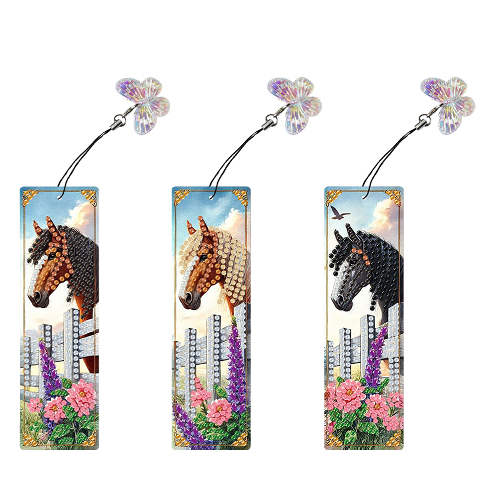 3Pcs Horse Diamond Painting Bookmarks with Pendant 5D Diamond Art Bookmark Kits