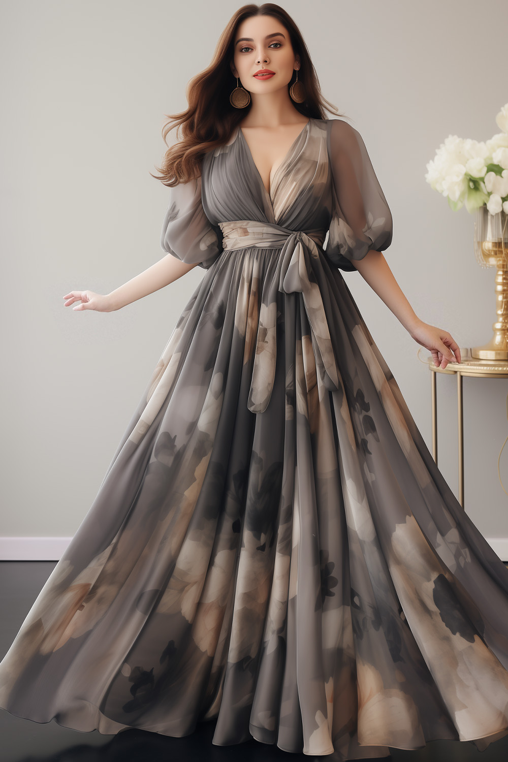 Flycurvy Plus Size Wedding Guest Dark Gray Chiffon Floral Print Puff Sleeve Maxi Dress 2024 - Flycurvy 
