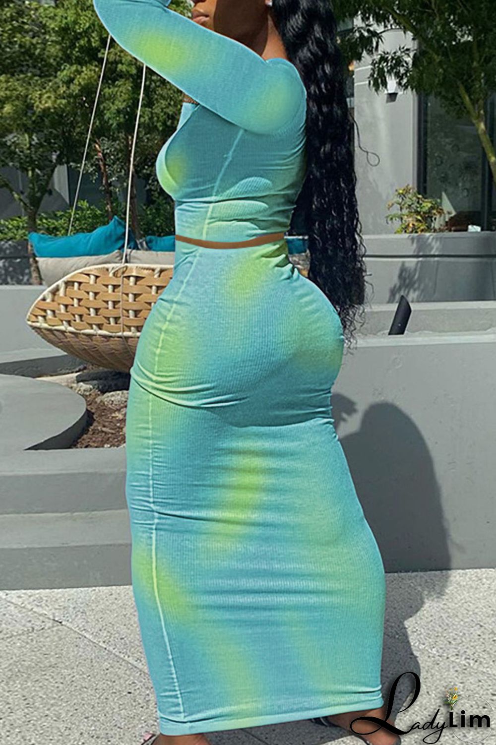 Lake Green Sexy Print Patchwork O Neck Long Sleeve Two Pieces