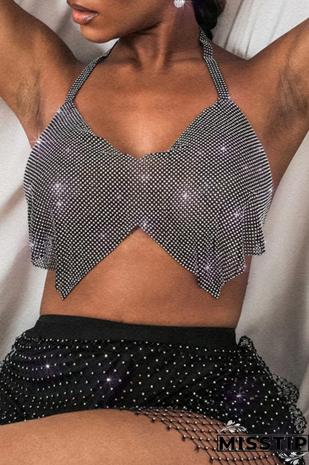 Black Sexy Solid Patchwork Halter Tops