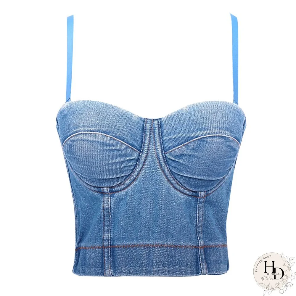 Denim Camisole Women Tank Top Adjustable Shoulder Strap Vest Non Slip Steel Ring Tops For Female