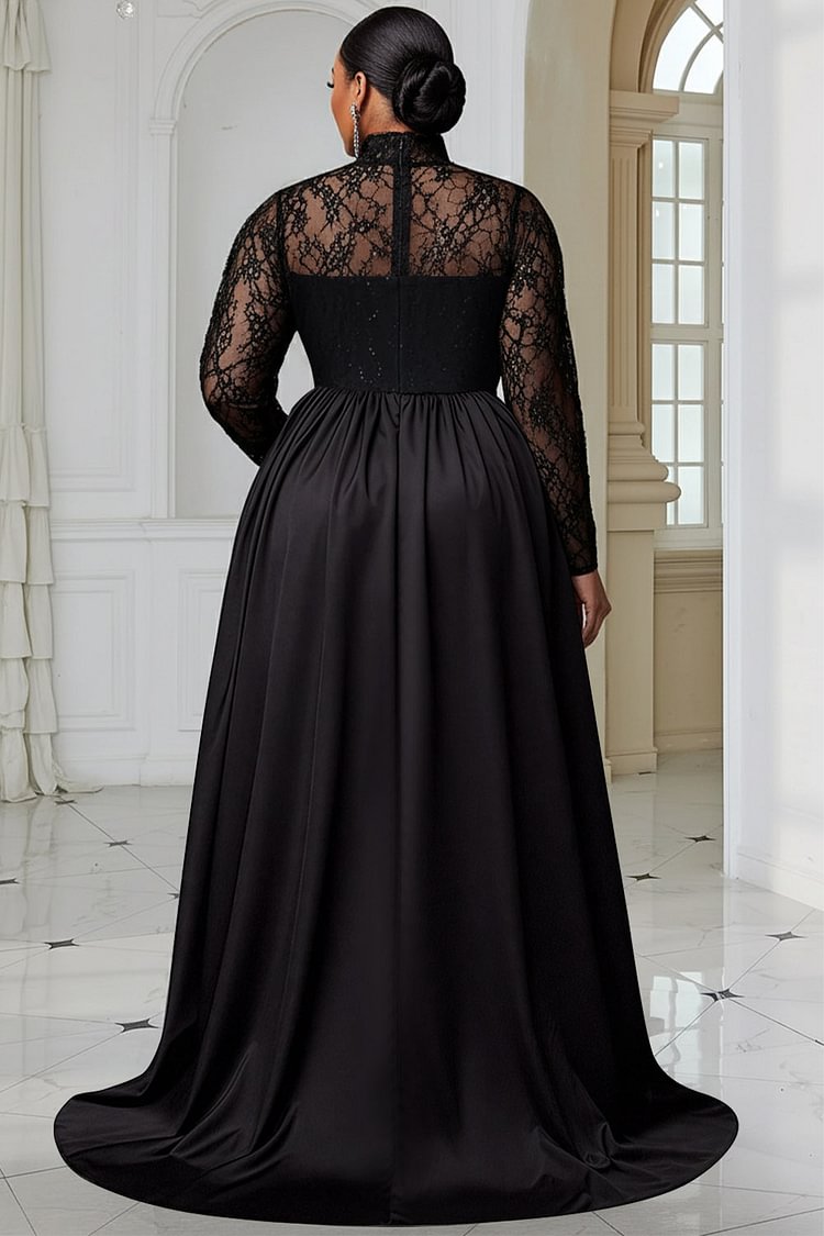 Xpluswear Design Plus Size Formal Black Mock Neck Long Sleeve Split Elegant Sequin Satin Maxi Dresses [Pre-Order]