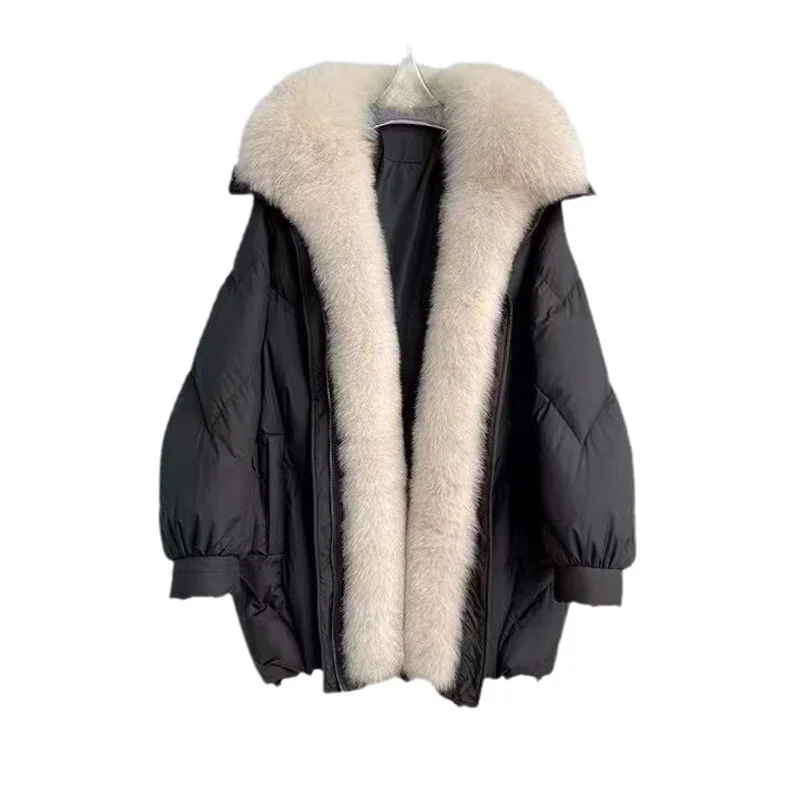 Woherb The New Winter 2024 Oversized Fox Fur Collar Loose Versatile Goose Down Female Long Style To Overcome The Coat Tide-Outfit Ideas