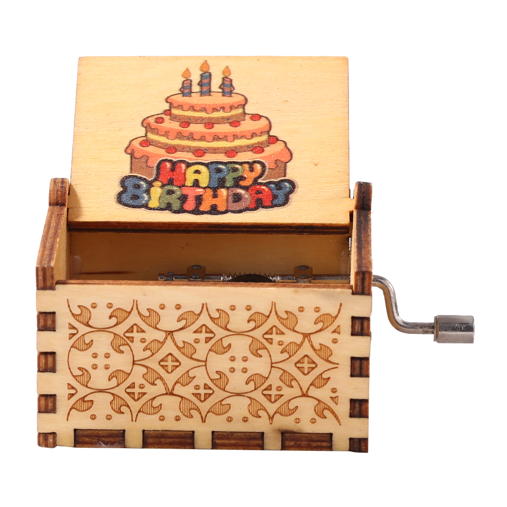 Retro Happy Birthday Wooden Engraved Hand Cranked Music Box Musical Craft
