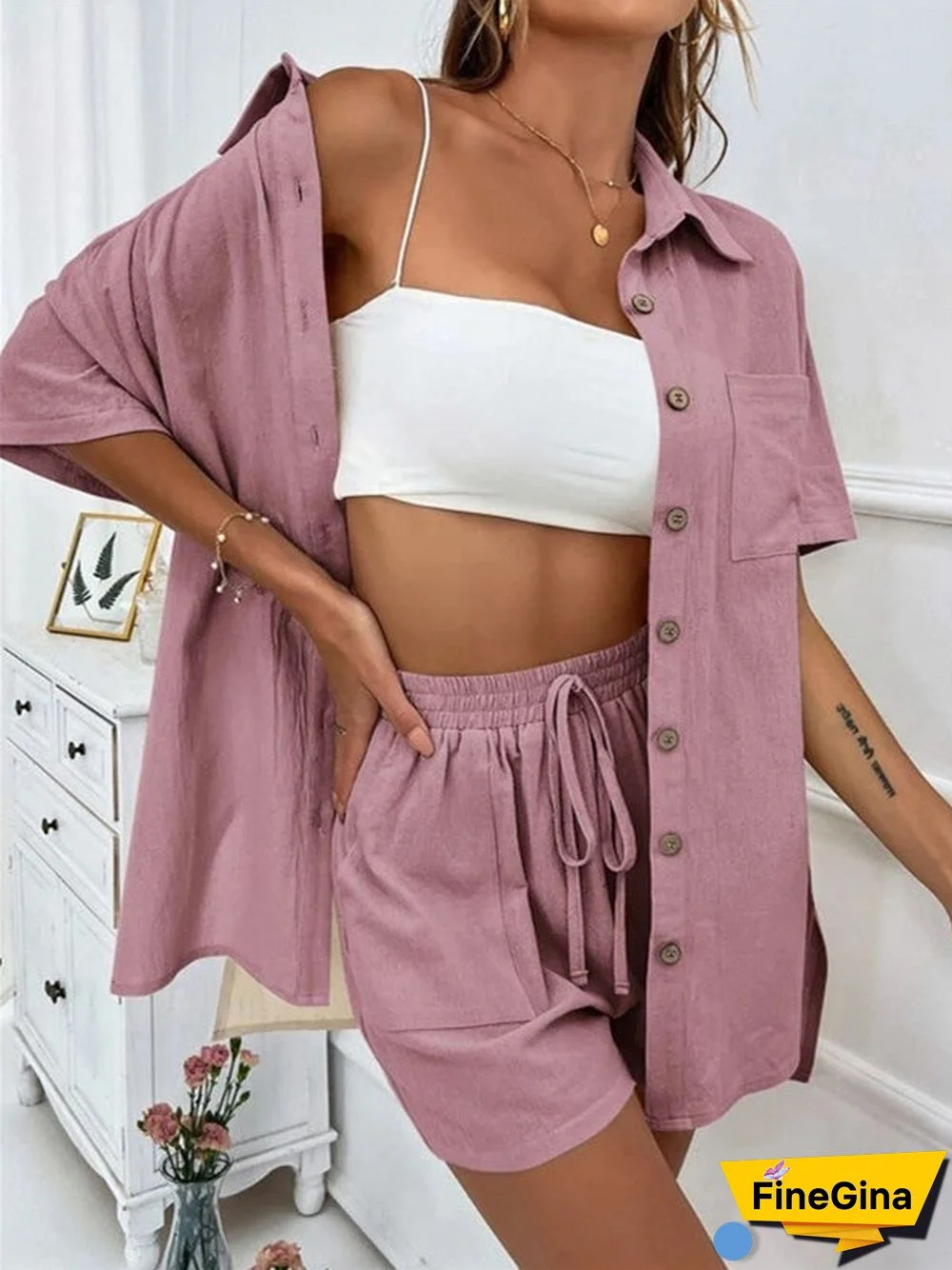 Women's Fashion Single Breasted Short Sleeved Shorts Set