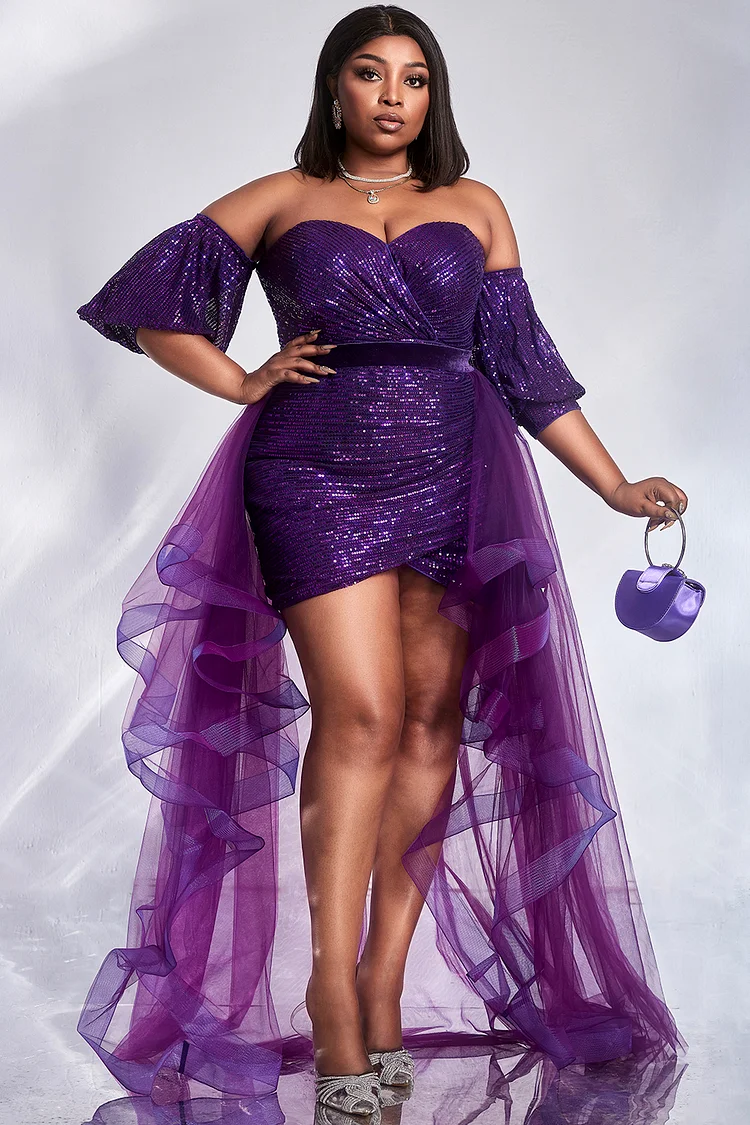 Xpluswear Design Plus Size Formal Dress Purple Sequin Off Shoulder Mesh Maxi Dress [Pre-Order]