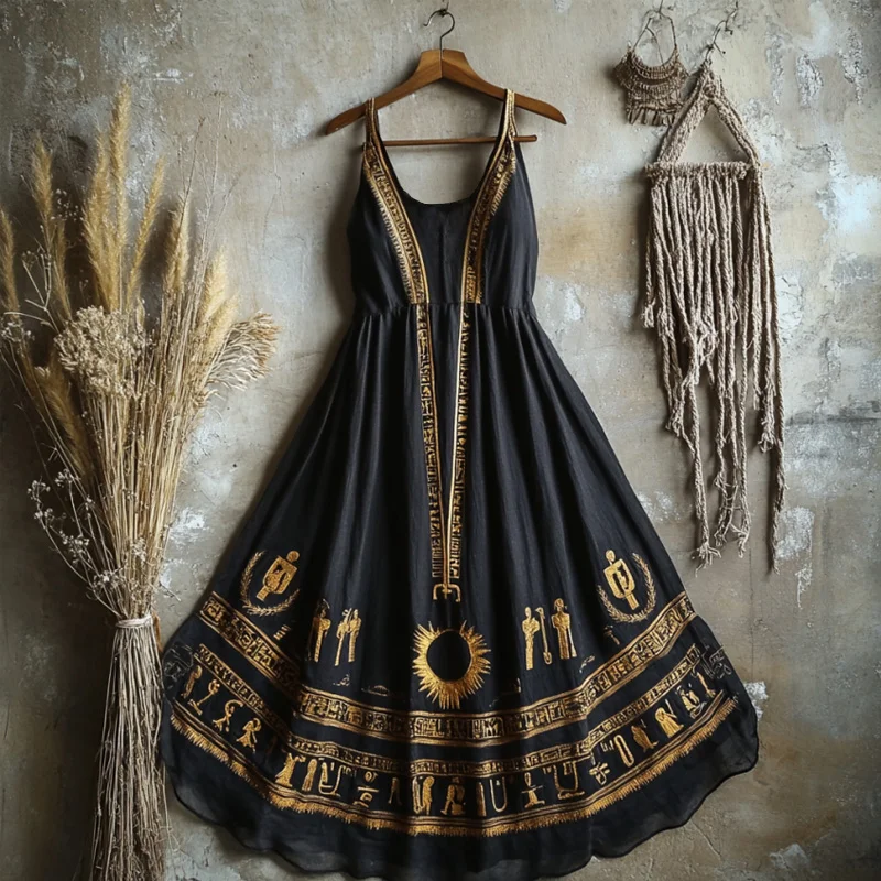 Women's Ankh Ancient Egyptian Folk Embroidered Linen Maxi Dress