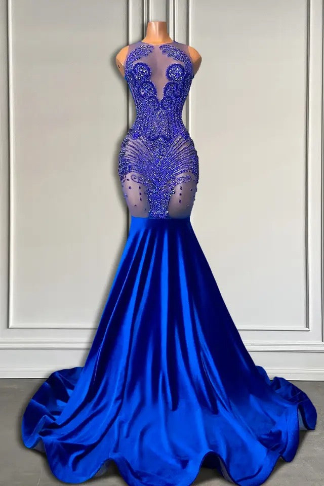 Classy Royal Blue Scoop Evening Gown Mermaid Sleeveless With Beadings - lulusllly