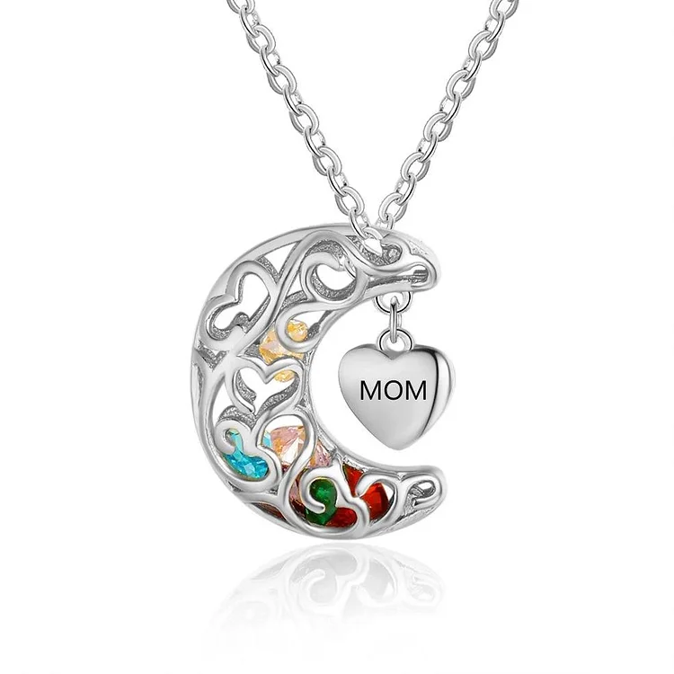 Moon Cage Necklace Heart Mother Necklace Personalized with Birthstones Christmas Gifts for Mom