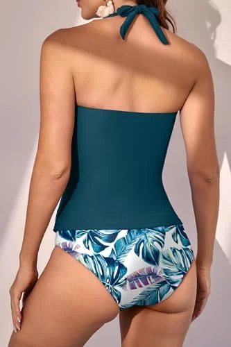 Womens Halter Ruched Tummy Control Two Piece Tankini 