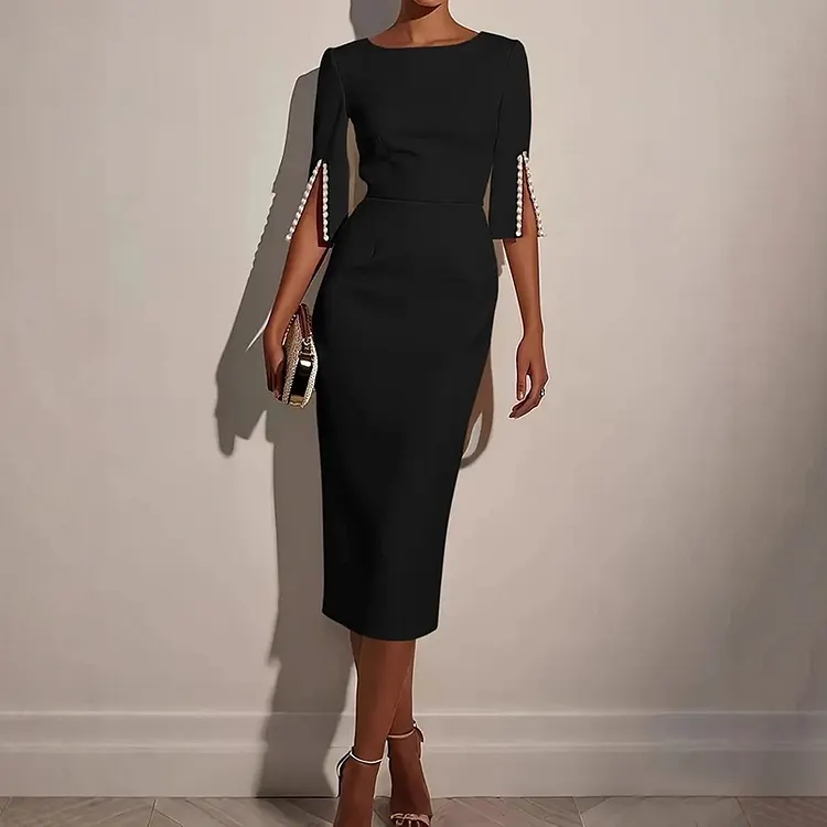 Elegant Solid Color Round Neck Midi Dress