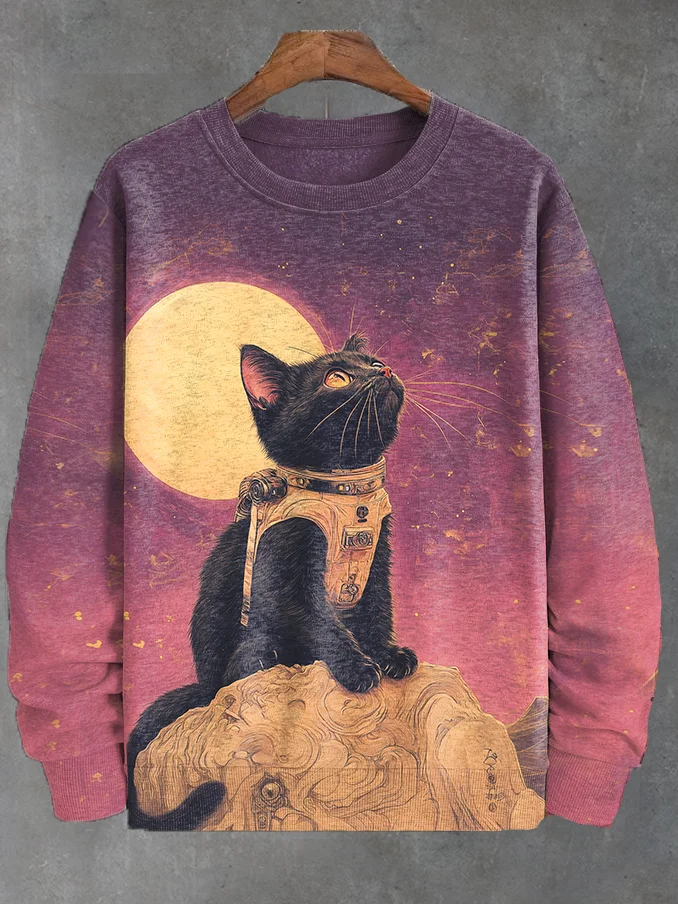 Men's Fantasy Mysterious Black Cat Space Wonderland Art Print Sweatshirt