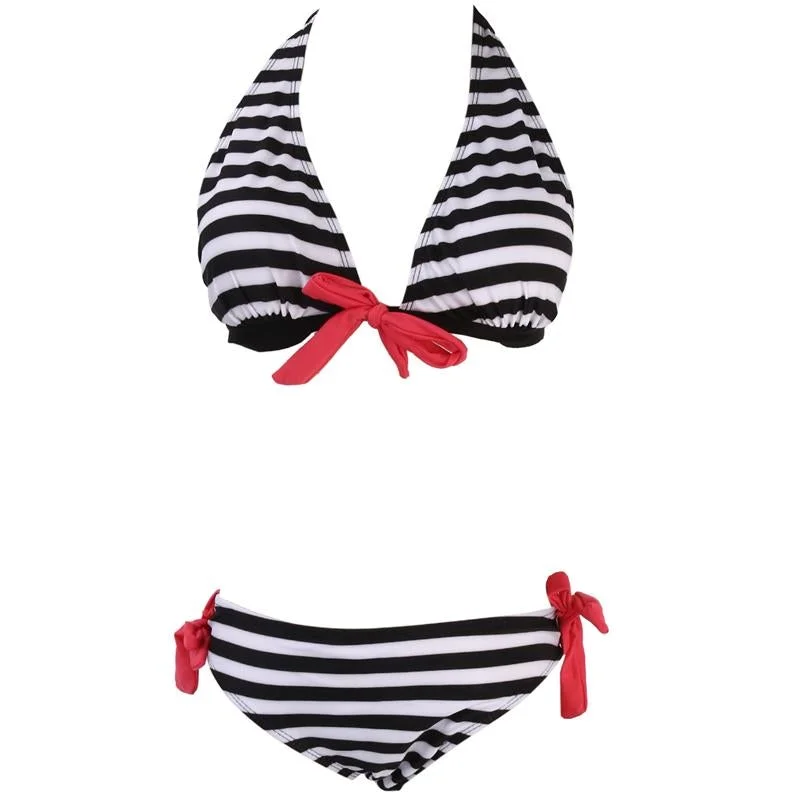 Sexy Women Push-up Bikini Set Padded Bandage Swimsuit Swimwear Beachwear   Striped Bow Tie Brazilian Biquinis