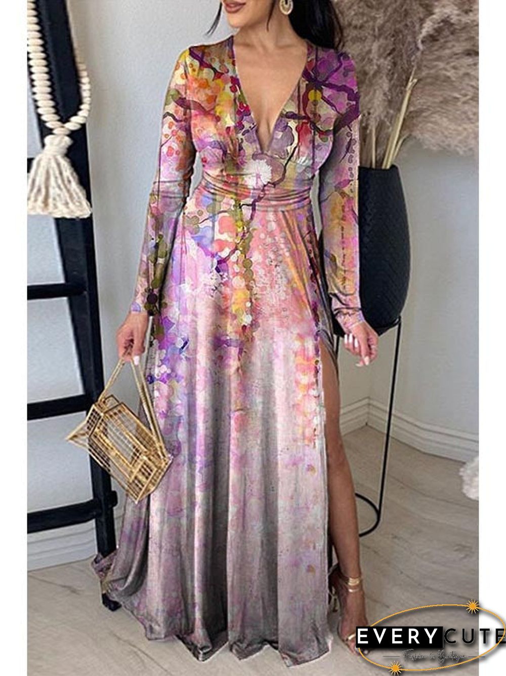 Printed Neck Pleated Elegant Slit V-Neck Maxi Dress