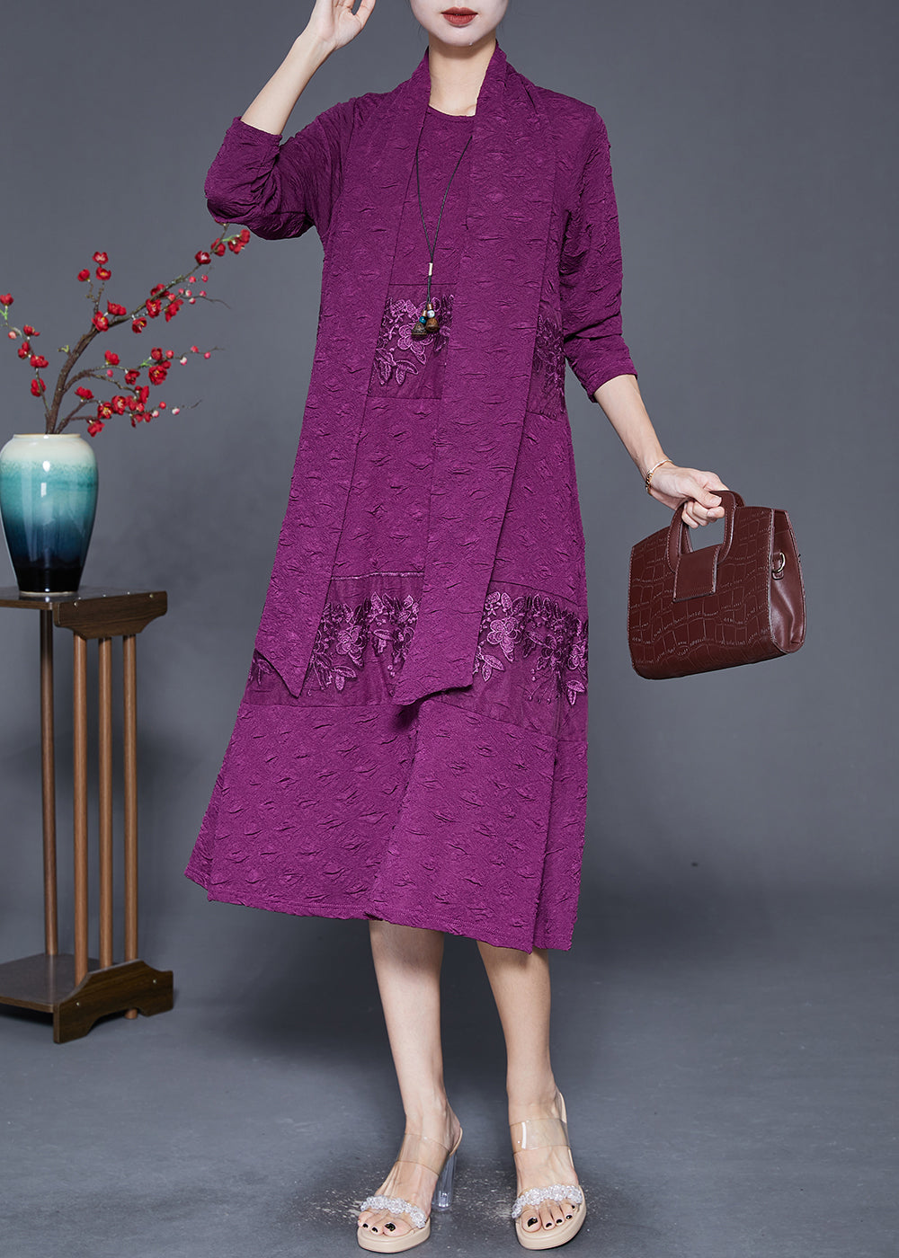 VCSHOES Purple Embroideried Patchwork Scarf Long Dress Fall