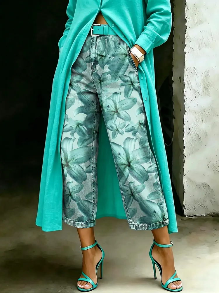 Women's Vintage Floral Art Casual Wide Denim Pants