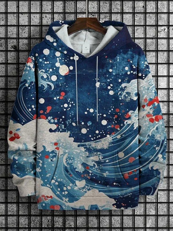Men's Waves Japanese Art Print Casual Hoodie