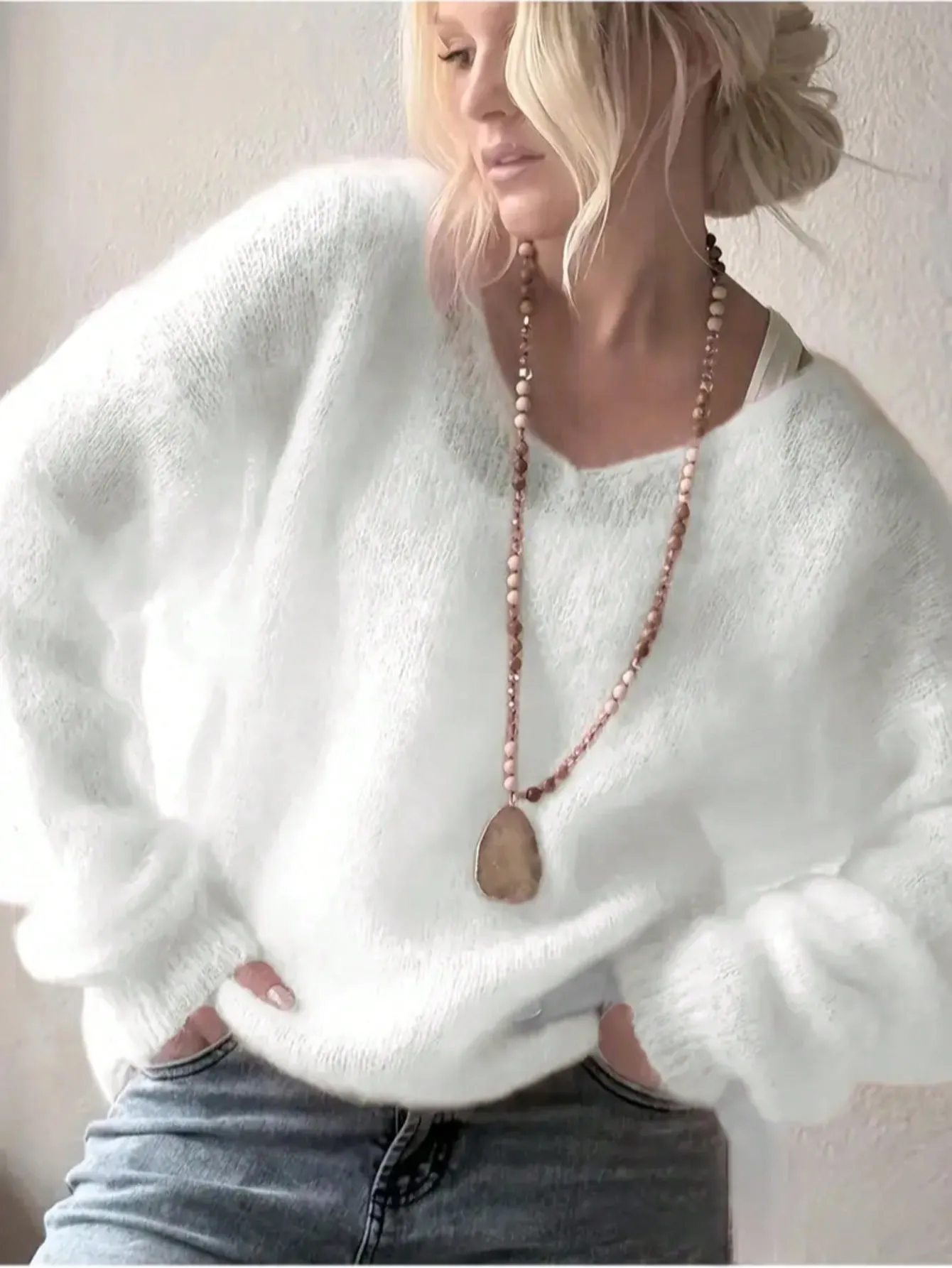 Women's V Neck Long Sleeve Loose Oversized Knit Pullover Jumper