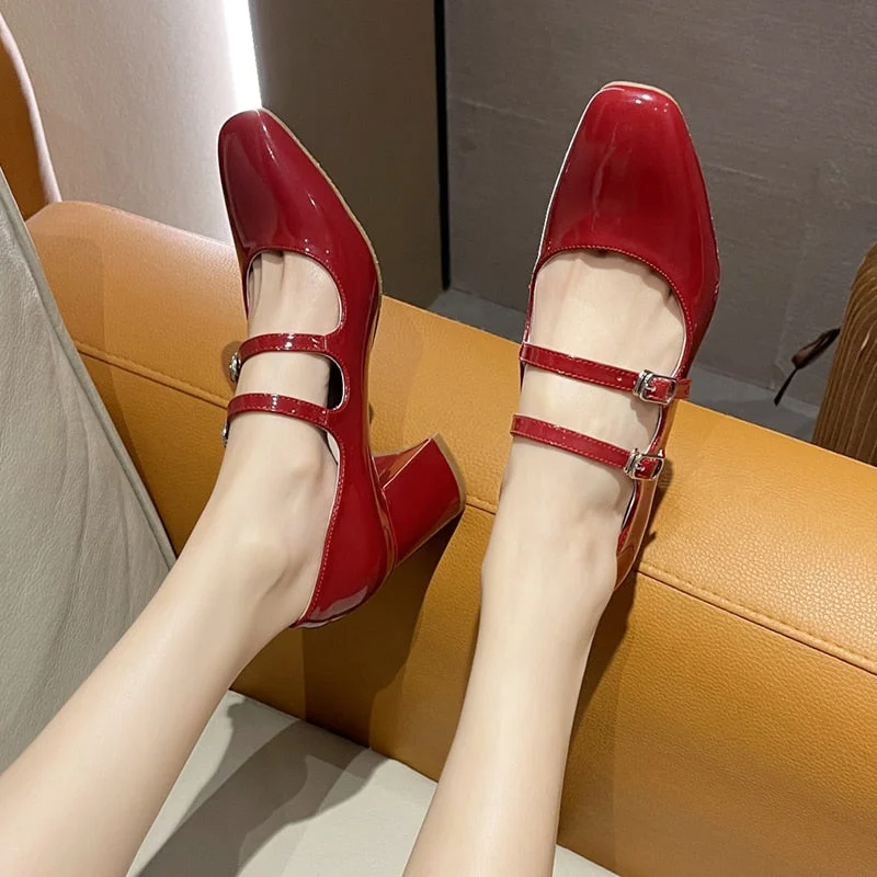 Thick High Heels Mary Jane Shoes For Women Spring 2022 Fashion Double Buckle Strap Pumps Women Black Patent Leather Shoes