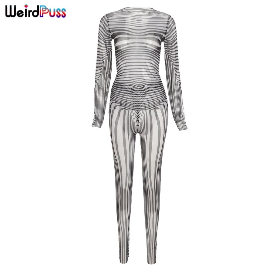 Weird Puss Sexy Mesh Striped 2-Piece Set Women Long Sleeve Crop Top+Skinny Pants Autumn Stretch Matching Trend Streetwear Outfit