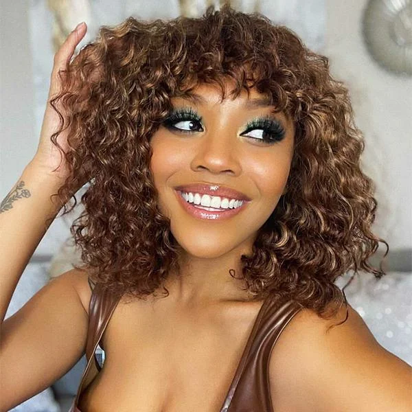 Brown Brazilian Remy Curly Hair Wig With Bangs Glueless Wigs