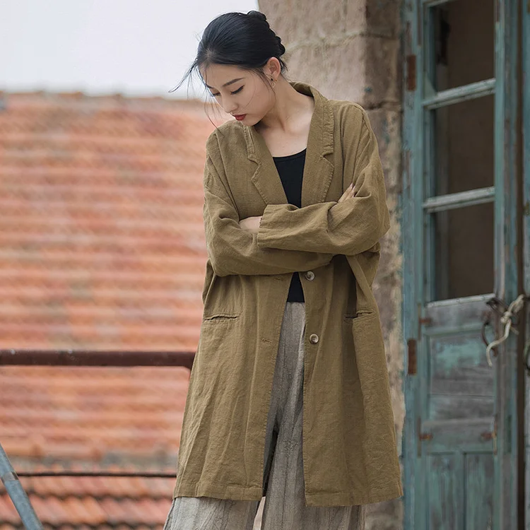 Simple Cotton Linen Long Sleeve Outwear - yankia