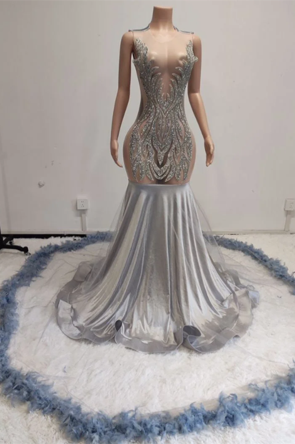 Bellasprom Silver Scoop Sleeveless Prom Dress Mermaid Long With Beadings Feather Bellasprom