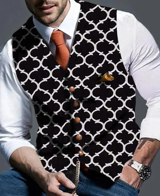 Elegant Black Graphic Print Single Breasted Blazer Vest Okaywear