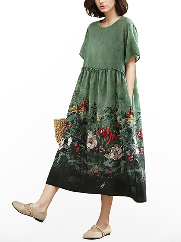 Retro National Style Printed Cotton Linen Short Sleeve Dress