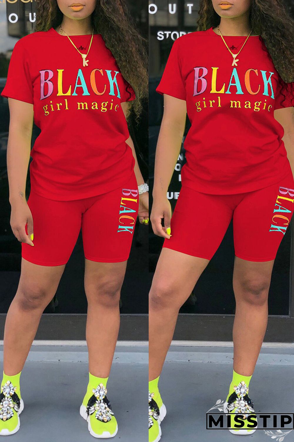 Blue Fashion Casual Letter Print Basic O Neck Short Sleeve Two Pieces