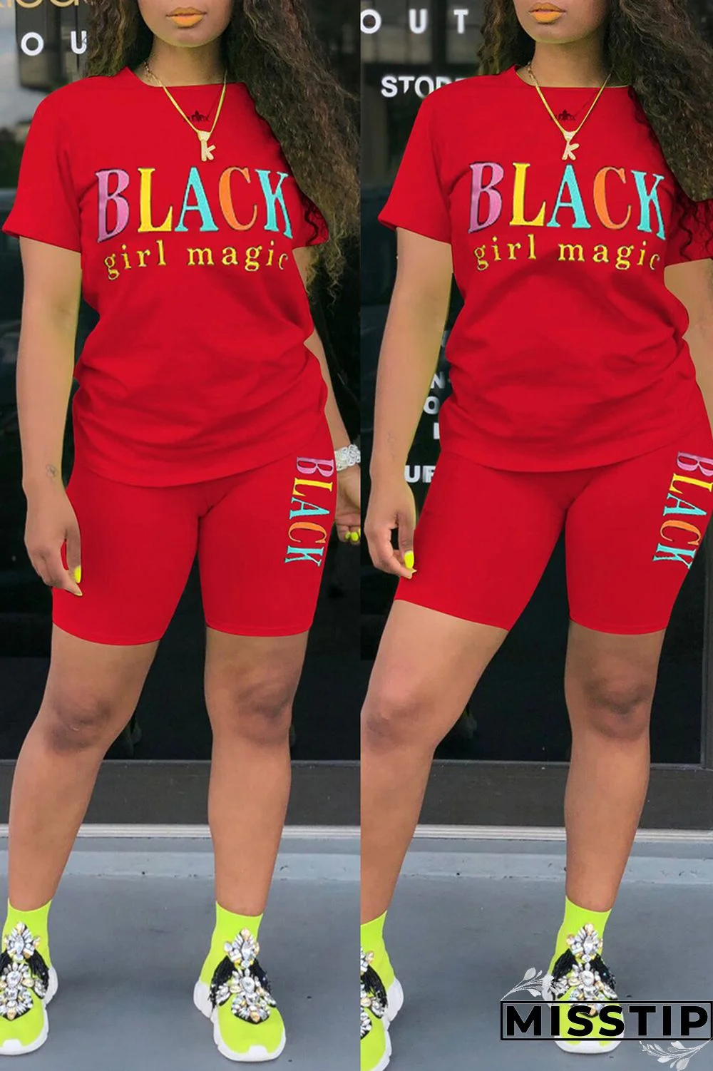 Blue Fashion Casual Letter Print Basic O Neck Short Sleeve Two Pieces