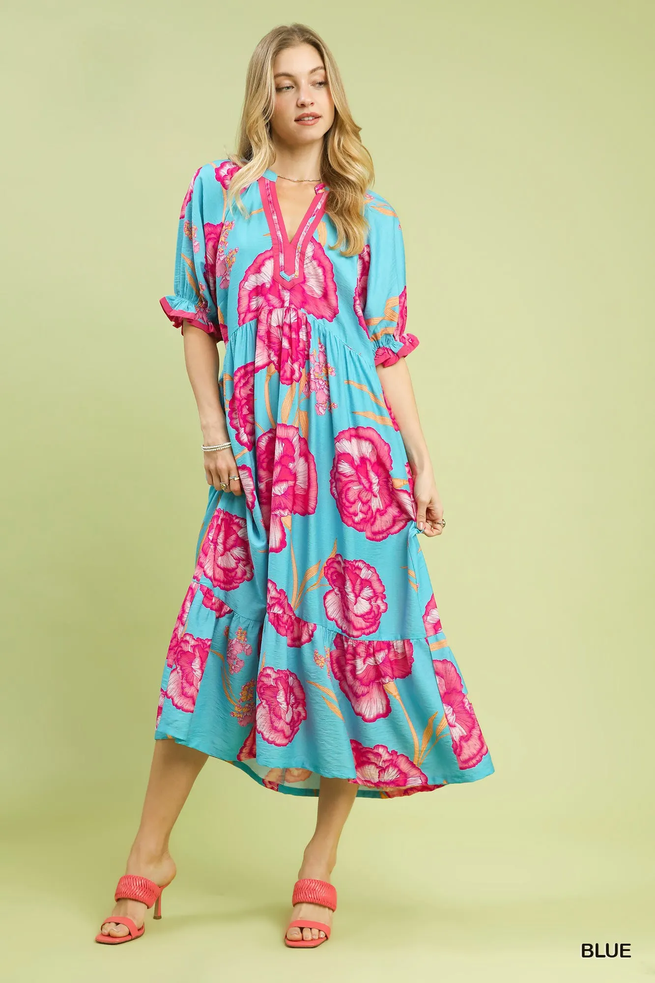 Umgee Floral Print Midi Dress with Contrast Trim mysite idetrend