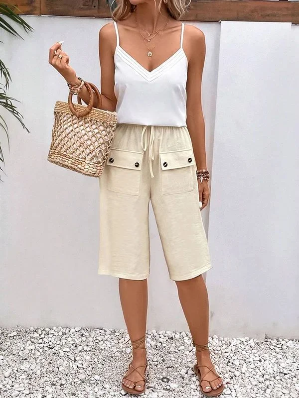 Women's 2024 Elastic High Waist Mid Length Straight Pant with Front Pocket